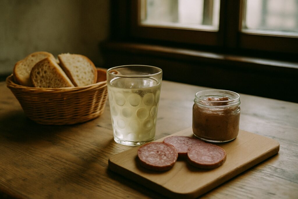 Holztisch mit Dubbeglas Schorle, Brotkorb und Brett mit Hausmacher Wurst