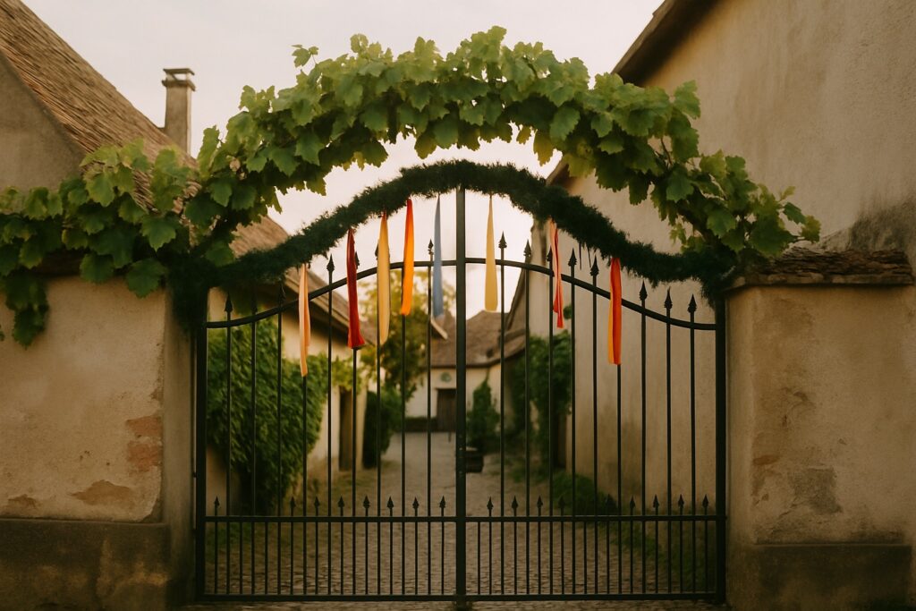 Hoftor mit Weinlaub, grüner Girlande und einfarbigen Bändern zur Kerwe