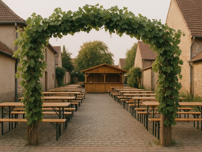 Mit Weinlaub geschmückter Bogen am Eingang eines Dorffests, dahinter leere Festbänke und ein Holzstand