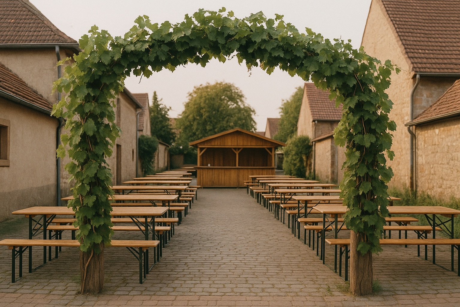 Mit Weinlaub geschmückter Bogen am Eingang eines Dorffests, dahinter leere Festbänke und ein Holzstand