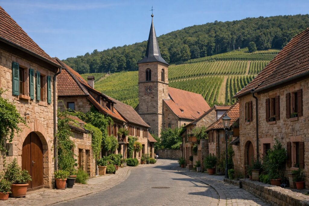 Dorfstraße mit Winzerhäusern aus Sandstein und Kirchturm, dahinter steigende Weinberge