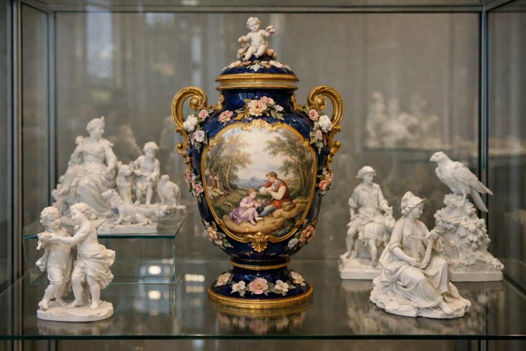 Weiße Porzellanfiguren und bemalte Porzellanvase in einer Vitrine