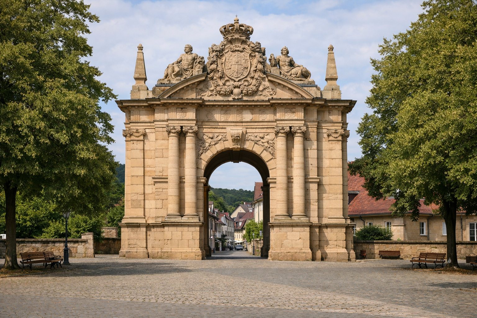 Barockes Stadttor aus hellem Sandstein auf einem Platz mit Bäumen