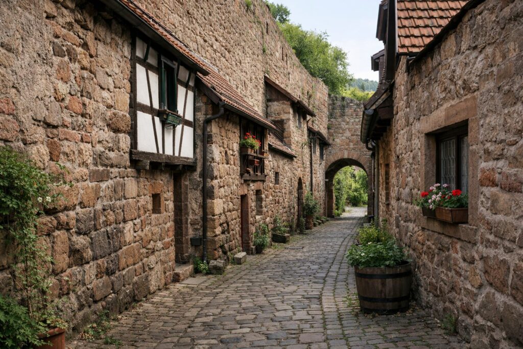 Schmale Gasse an der Innenseite einer alten Stadtmauer mit eingebauten Häusern