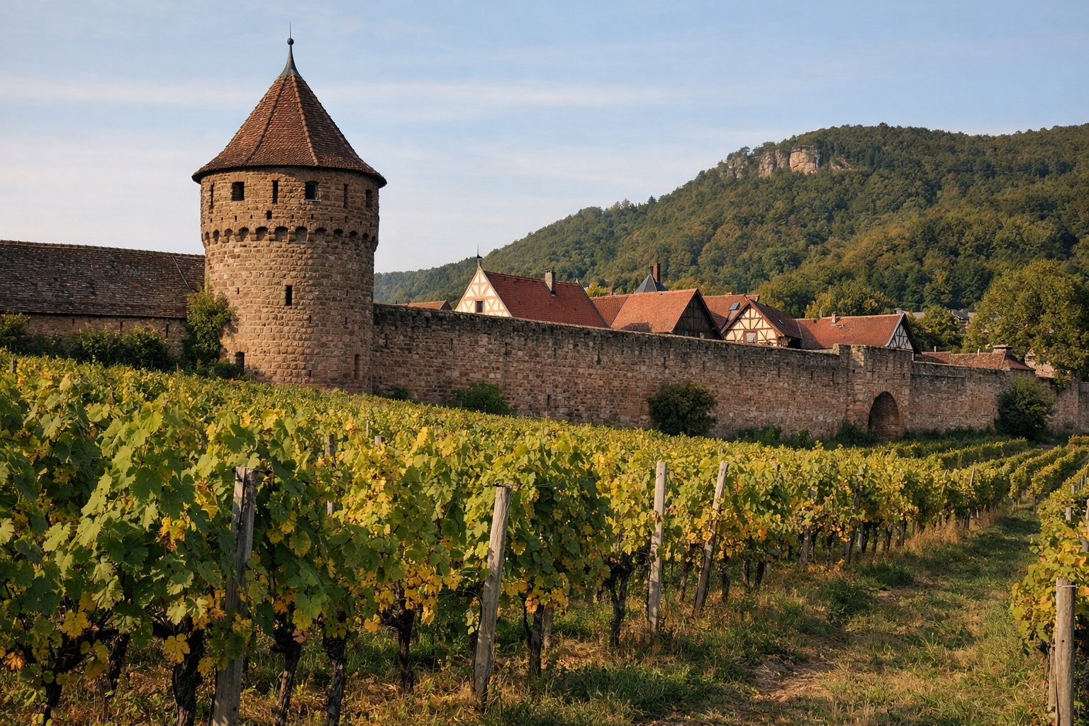 Mittelalterliche Stadtmauer mit Rundturm, davor Weinberge im Spätnachmittagslicht