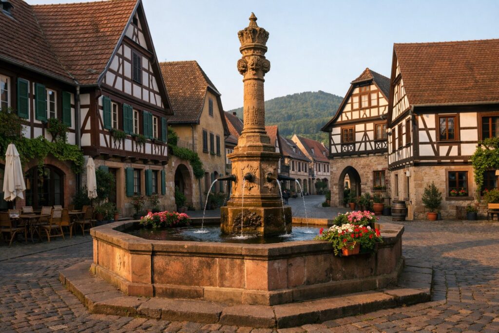 Historischer Marktplatz eines Weinstädtchens mit Sandsteinbrunnen und Fachwerk am Morgen
