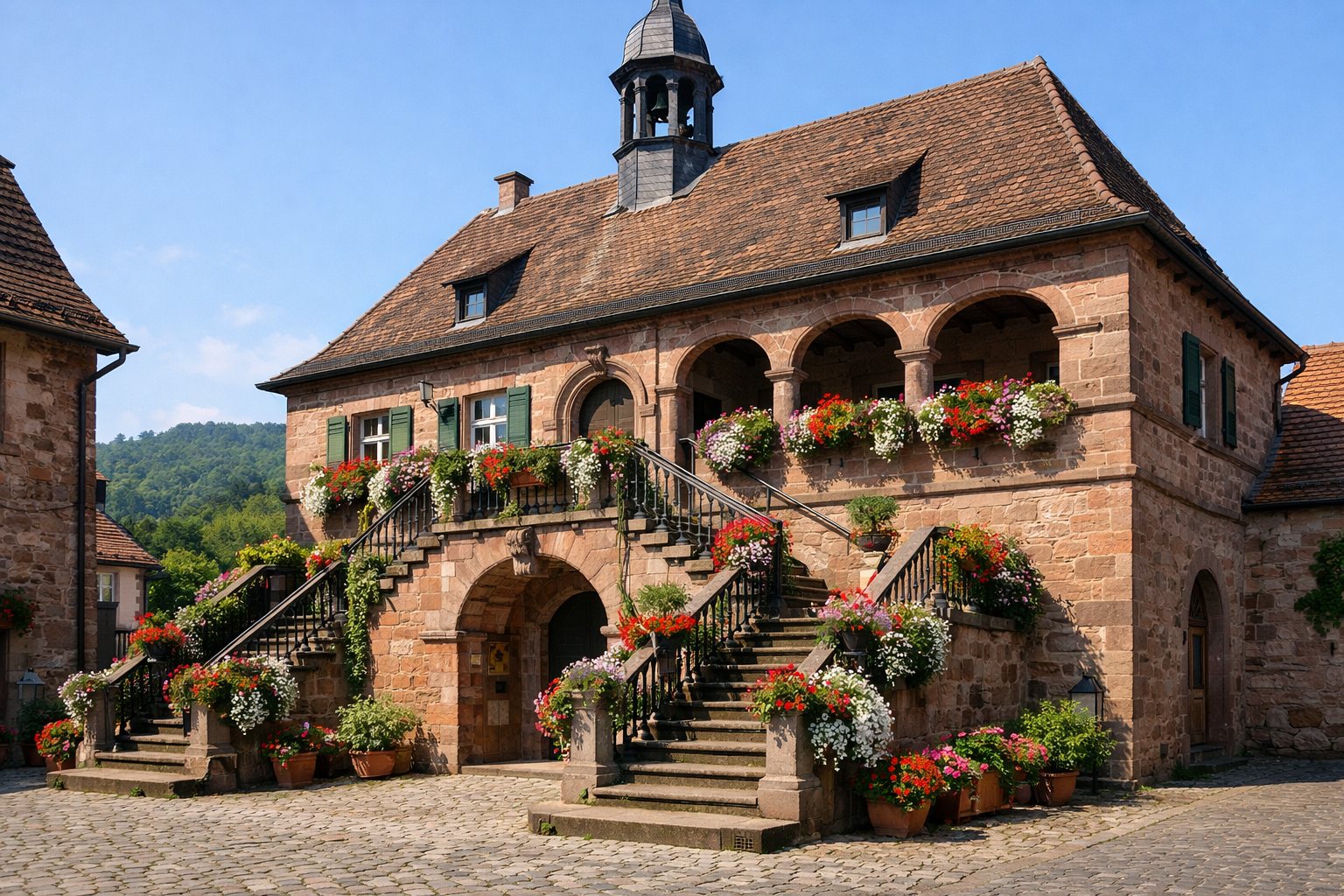 Mit Blumen geschmückte Freitreppe eines historischen Rathauses