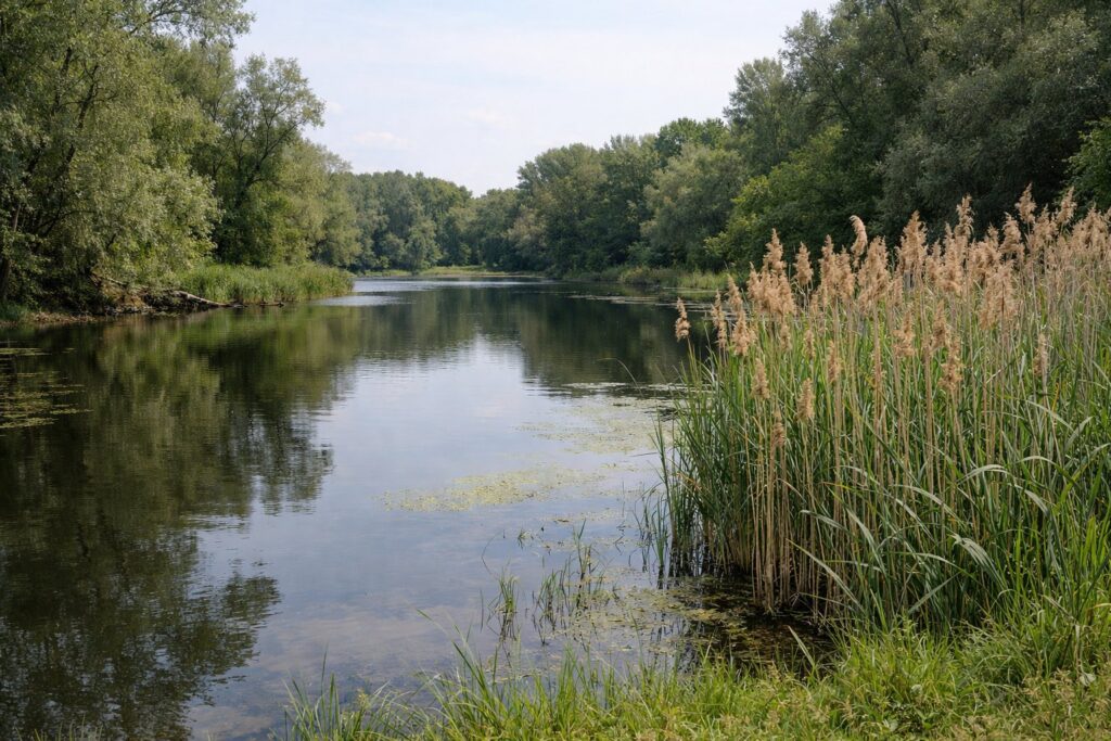 Auwald am Rhein mit Altarm und Schilf