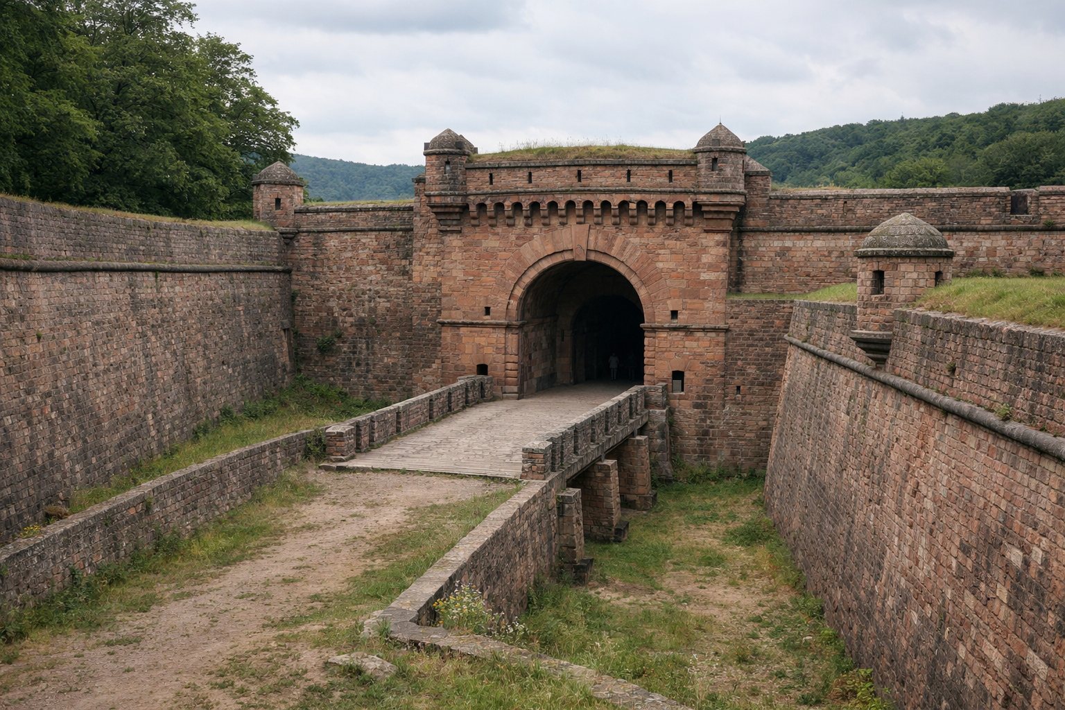 Festungsmauern aus Backstein mit trockenem Graben und massivem Tor