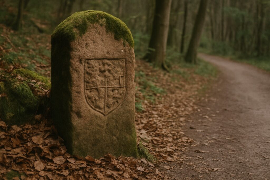 Alter Grenzstein aus Sandstein mit verwittertem Wappen am Waldweg, bemoost