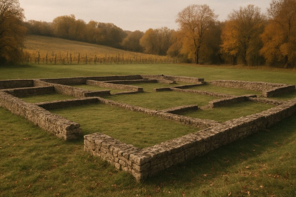 Niedrige Grundmauern einer ausgegrabenen römischen Villa in einer Wiese nahe Weinbergen