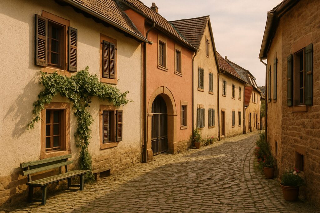 Gasse in einem Weindorf im Sommer mit Häusern verschiedener Höhe, einem Sandsteintor, einer Rebe und einer Bank