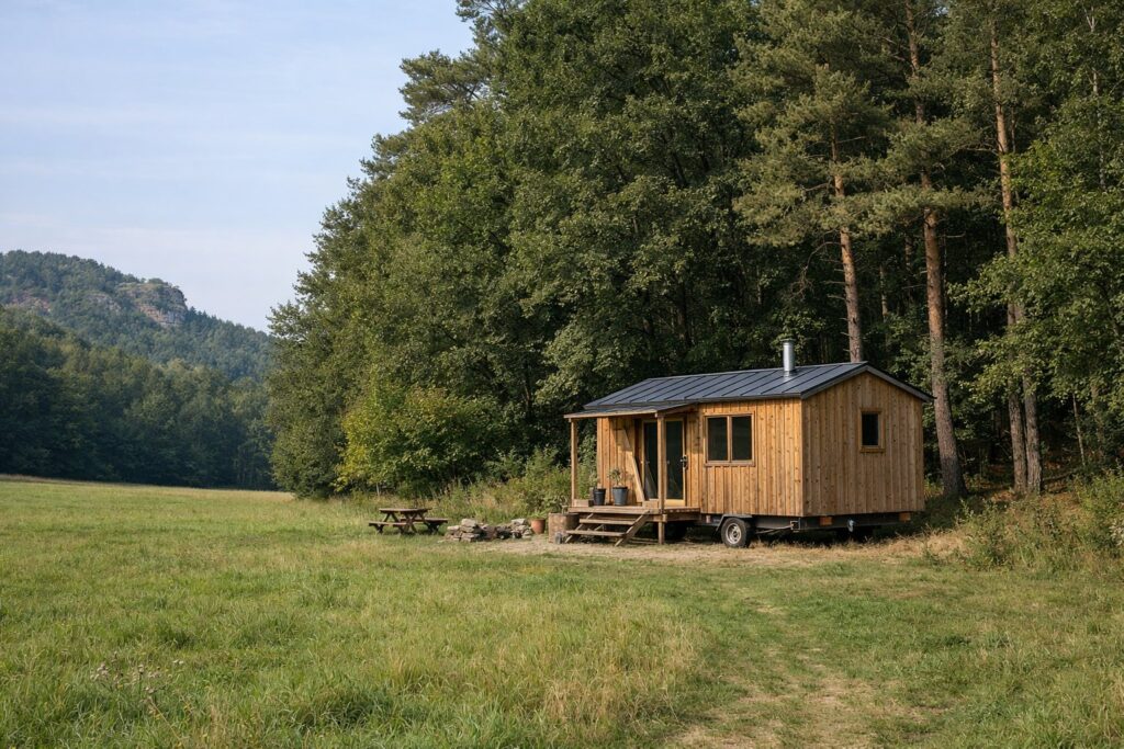 Kleines Tiny House aus Holz auf einer Wiese am Waldrand