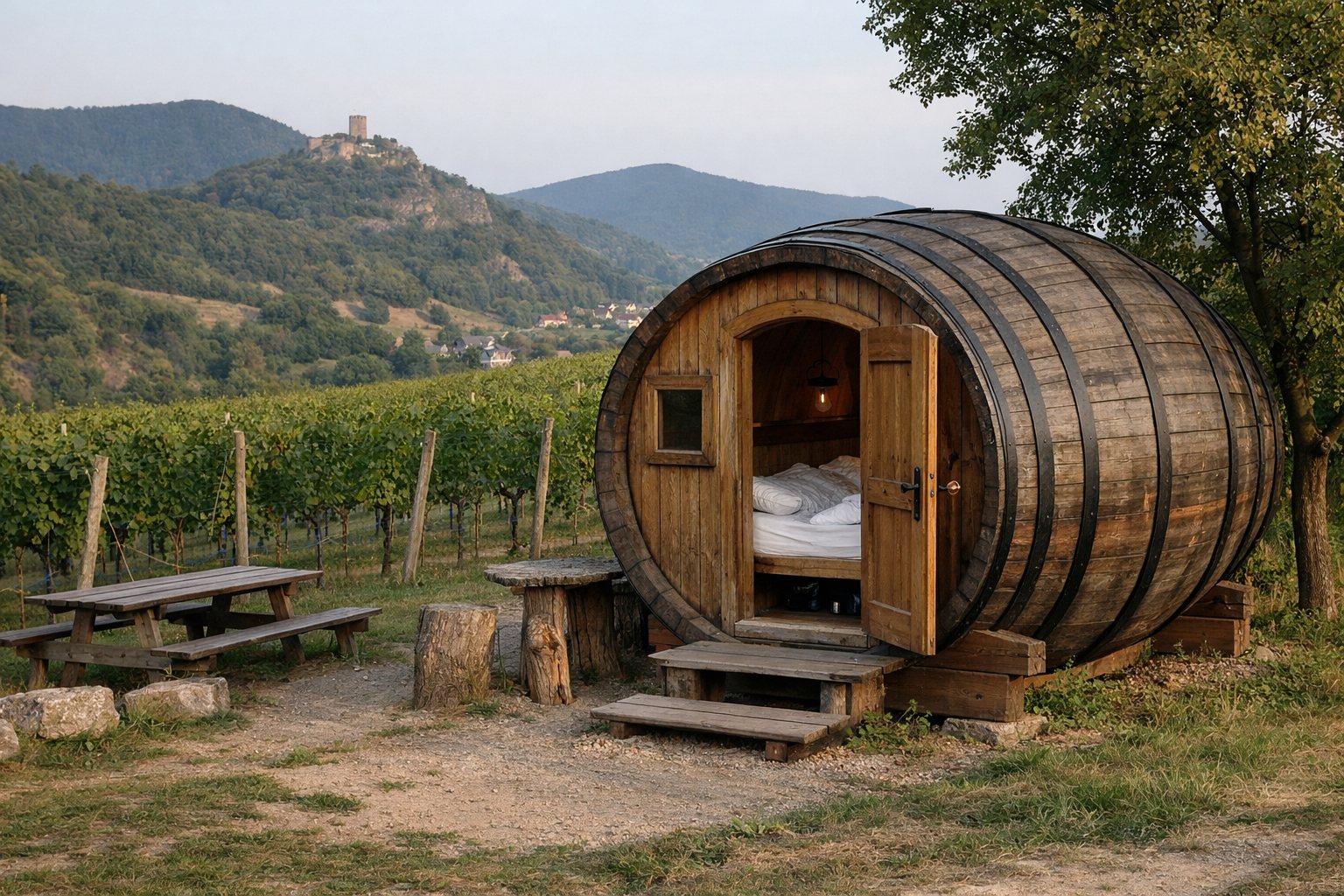 Großes Holzfass als Schlafplatz am Rand eines Weinbergs