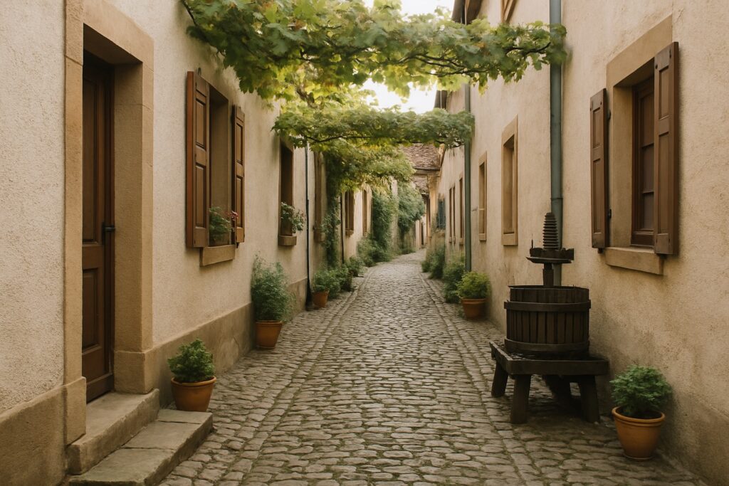Schmale gepflasterte Winzergasse mit Fensterläden, Blumentöpfen, einer kleinen alten Holzkelter und einer Weinlaube