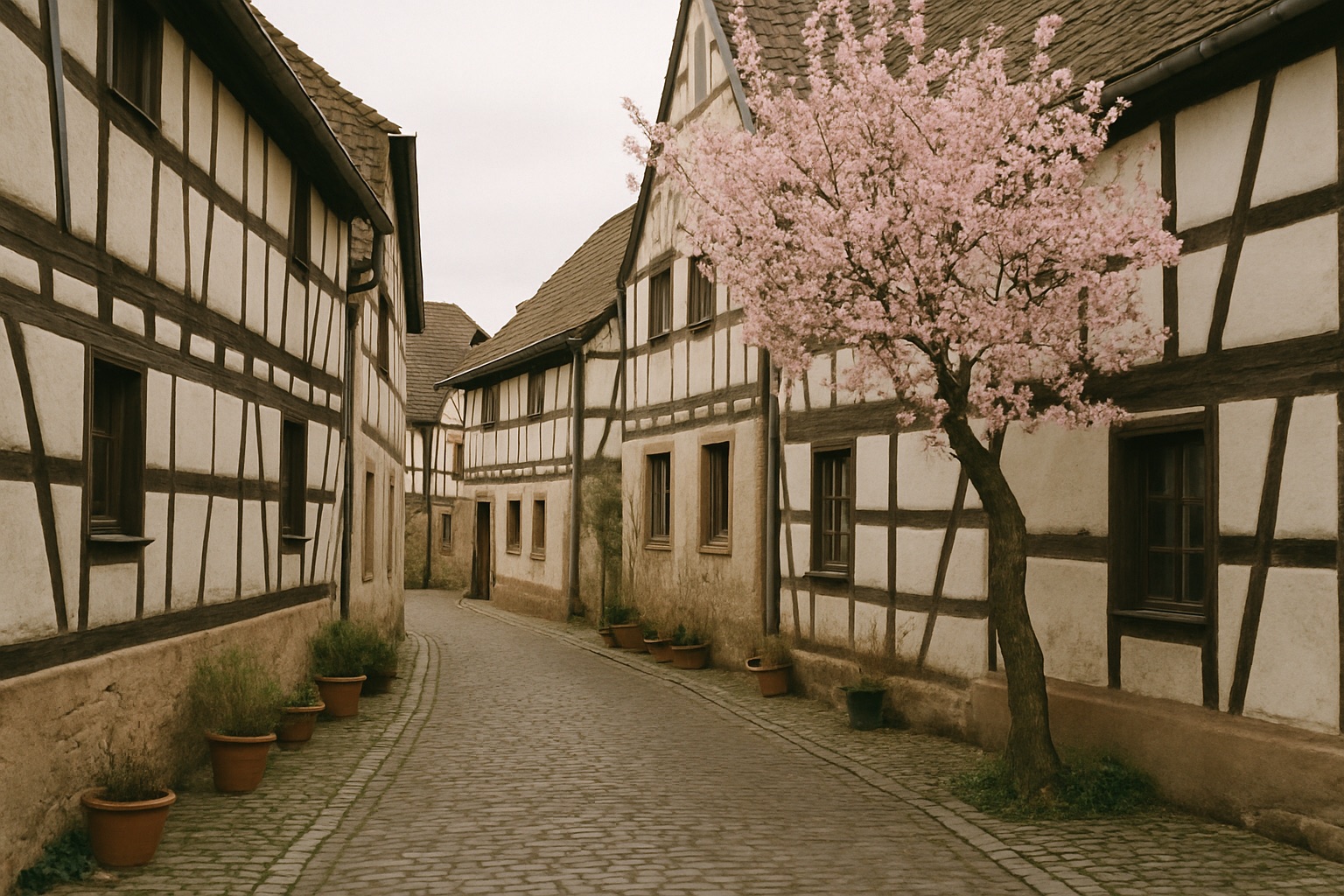 Schmale gepflasterte Gasse mit Fachwerkhäusern und einem blühenden Mandelbaum an der Ecke