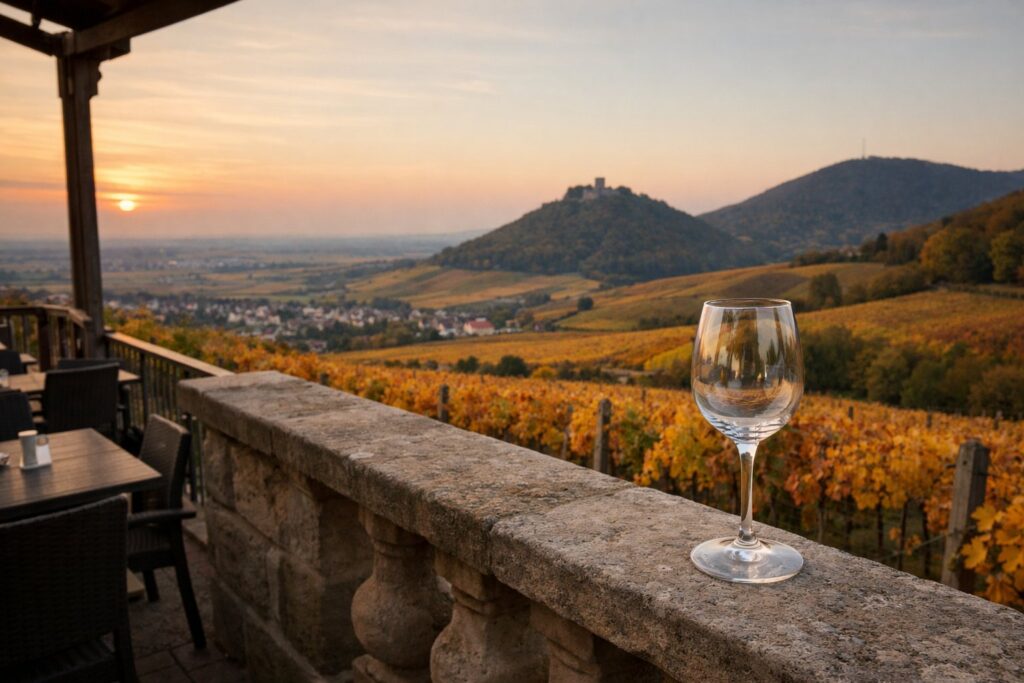 Blick von einer Terrasse über herbstliche Weinberge, ein leeres Weinglas auf der Brüstung