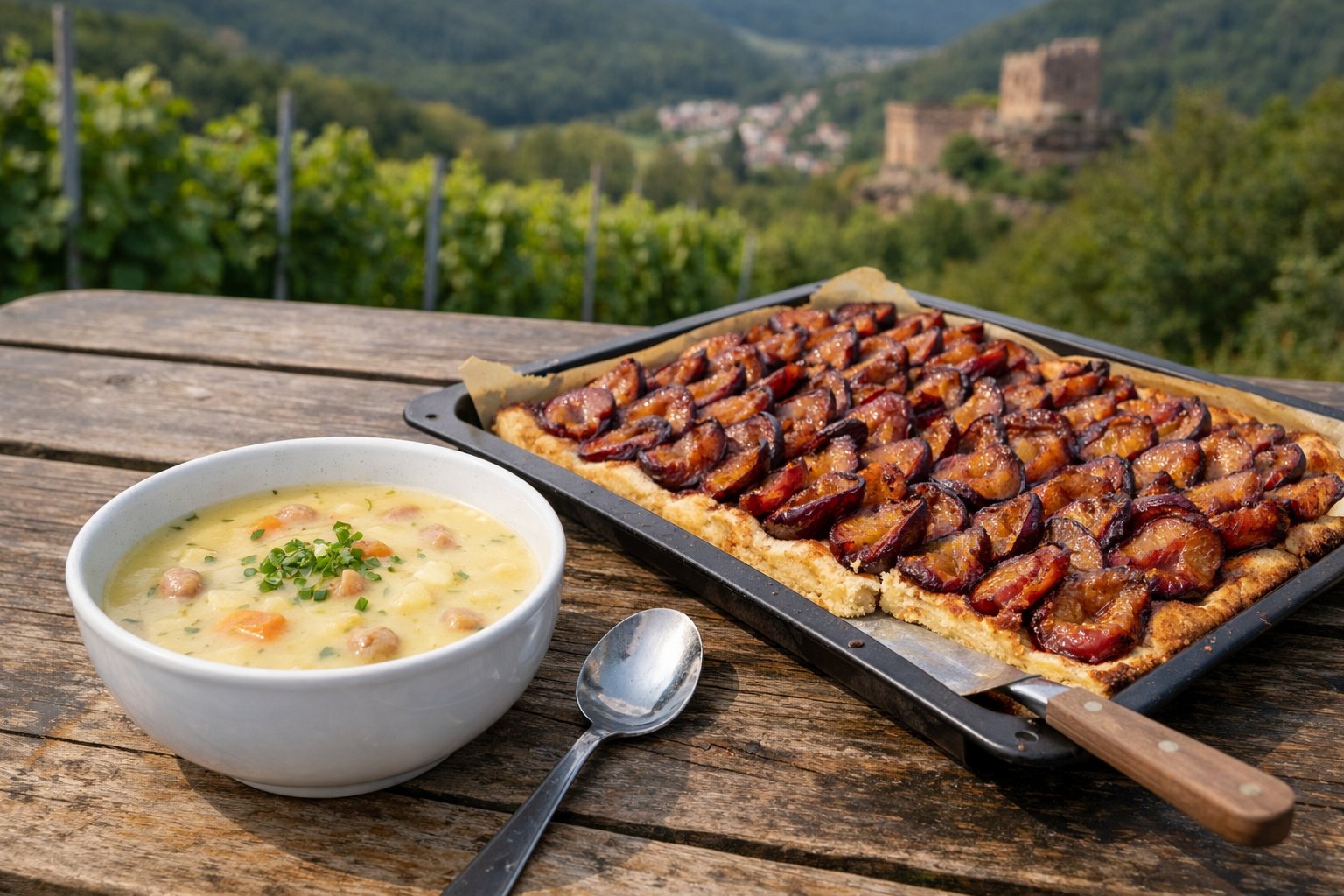 Teller Kartoffelsuppe und Blech mit Zwetschgenkuchen auf einem Holztisch