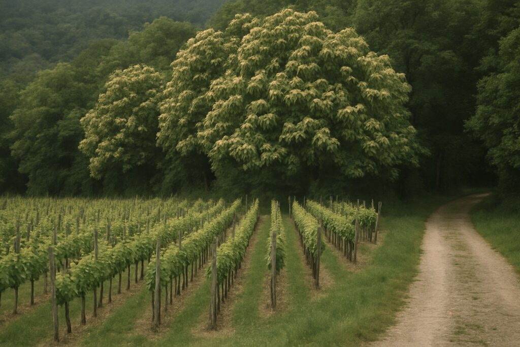 Blühende Esskastanien am Waldrand über grünen Rebzeilen im Mai