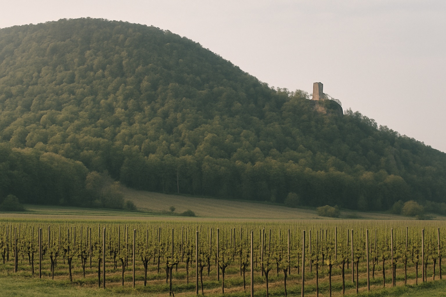 Steiler bewaldeter Hang hinter Rebzeilen, in der Ferne eine kleine Burgruine auf einem Waldsporn