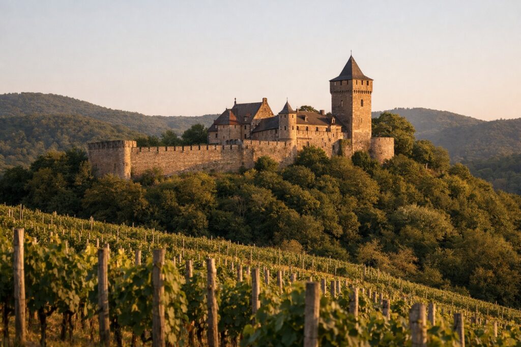 Burgähnliche Sandsteinanlage mit Ringmauer und Turm auf einem bewaldeten Sporn über Rebzeilen, Abendsonne
