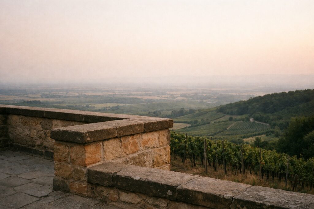 Sandsteinbrüstung einer Terrasse auf einem Burgberg mit Blick über Weinberge in die dunstige Ebene
