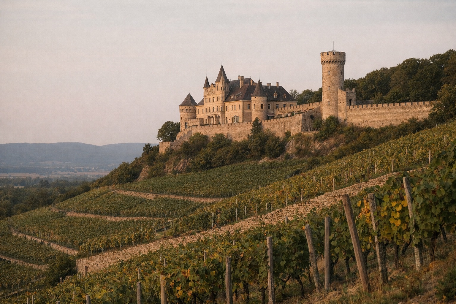 Schlossanlage aus hellem Sandstein mit Mauer und Turm auf einem Bergsporn über terrassierten Weinbergen im Abendlicht