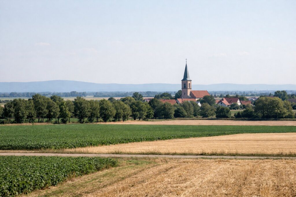 Flache Rheinebene mit Feldern, Baumreihen und einem Kirchturm in der Ferne