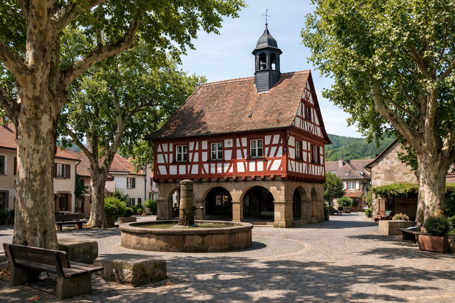Dorfplatz mit Platanen und altem Fachwerk-Rathaus