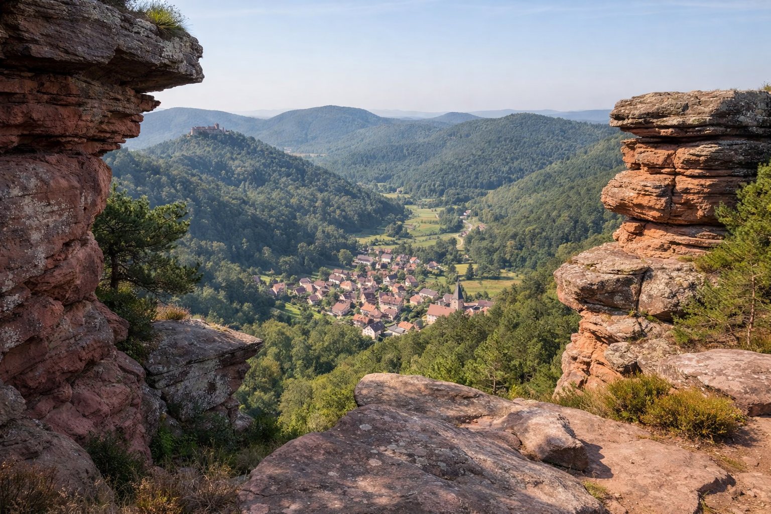 Rote Sandsteinfelsen über einem Waldtal, ein Dorf am Talgrund