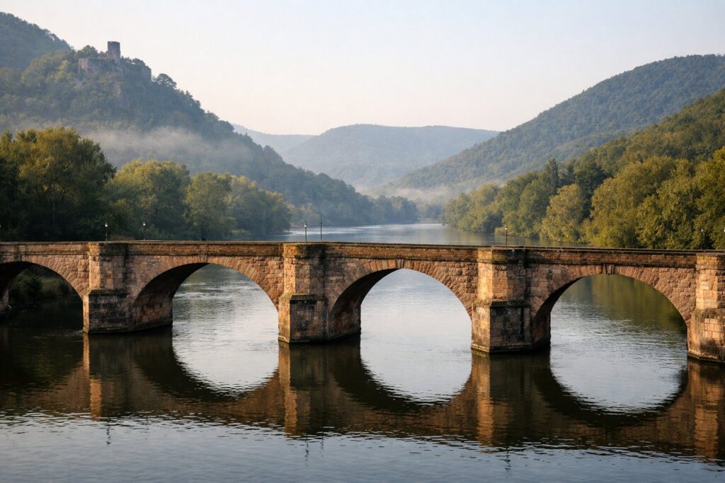 Blick über die Bögen der alten Steinbrücke zu bewaldeten Hügeln