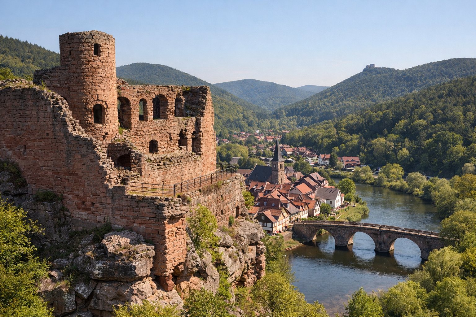 Rote Sandstein-Schlossruine über Altstadt und Fluss mit Steinbrücke