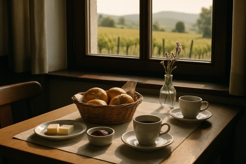 Frühstückstisch am Fenster mit Brötchen, Butter, Marmelade und Kaffeetassen, draußen Reben