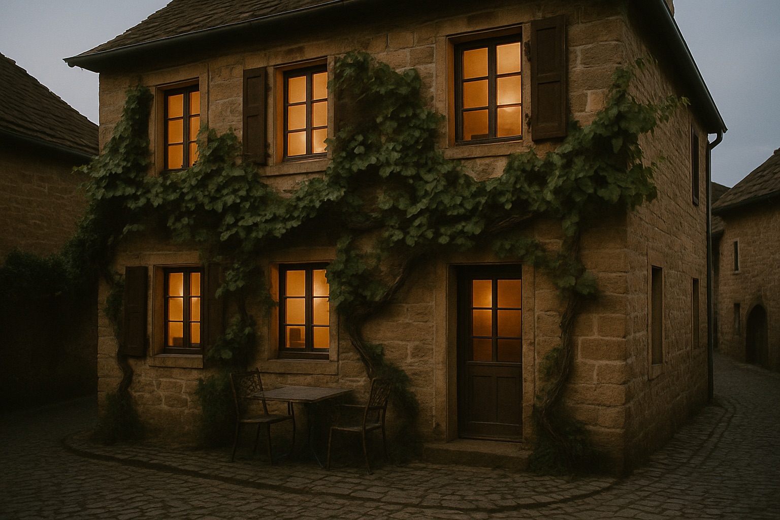 Landgasthof aus Sandstein mit Weinrebe an der Fassade und Licht in den Fenstern am Abend