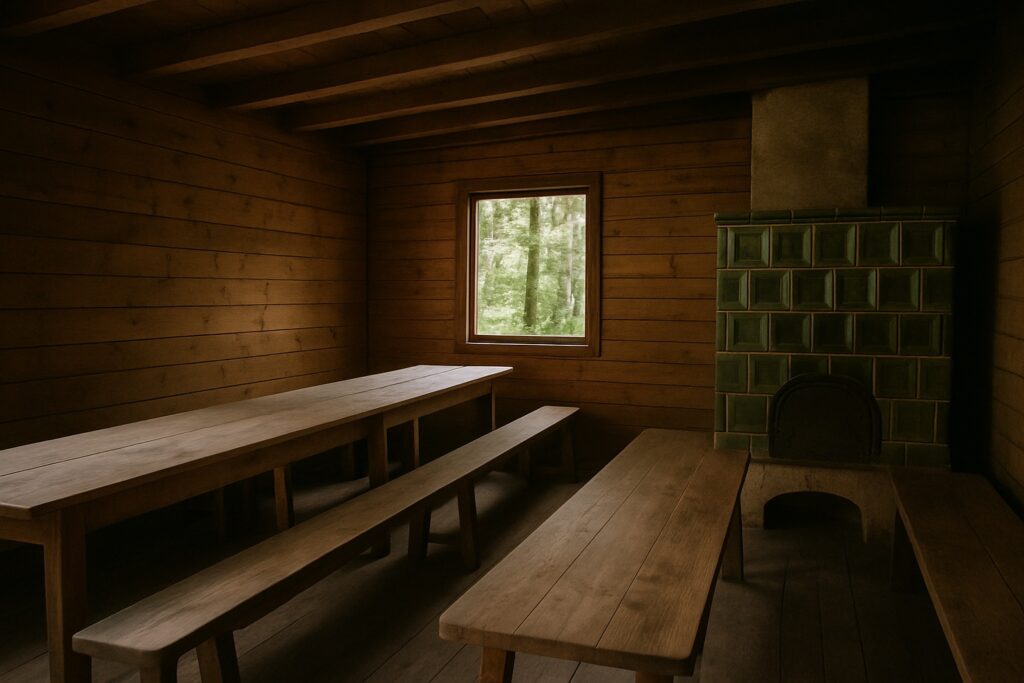 Schlichte Gaststube einer Waldhütte mit Holztischen, Holzvertäfelung, Kachelofen und Blick in den Wald