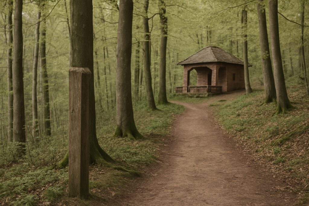 Verwitterter Holzpfosten ohne Schrift an einem Waldweg, in der Ferne eine Hütte zwischen Buchen im Frühling