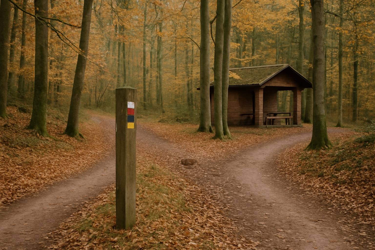 Wegegabel im herbstlichen Buchenwald mit einem Holzpfosten mit farbigen Wegzeichen ohne Schrift, dahinter eine kleine Holzhütte mit Bank