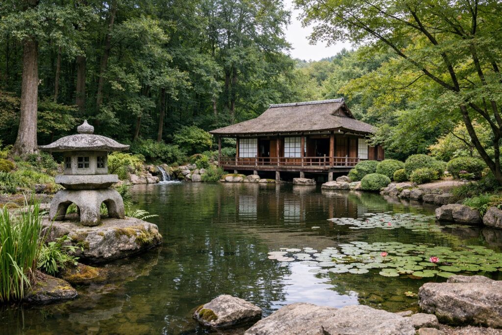 Japanischer Garten mit Teich, Steinlaterne und hölzernem Teehaus zwischen alten Bäumen