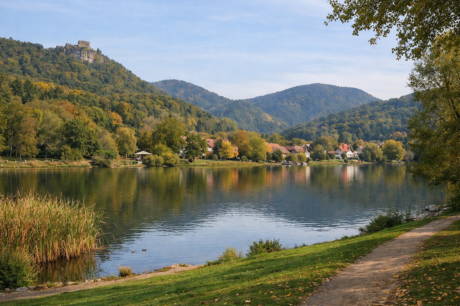 Parklandschaft mit See am Stadtrand, dahinter bewaldete Hügel des Pfälzerwalds im Frühherbst