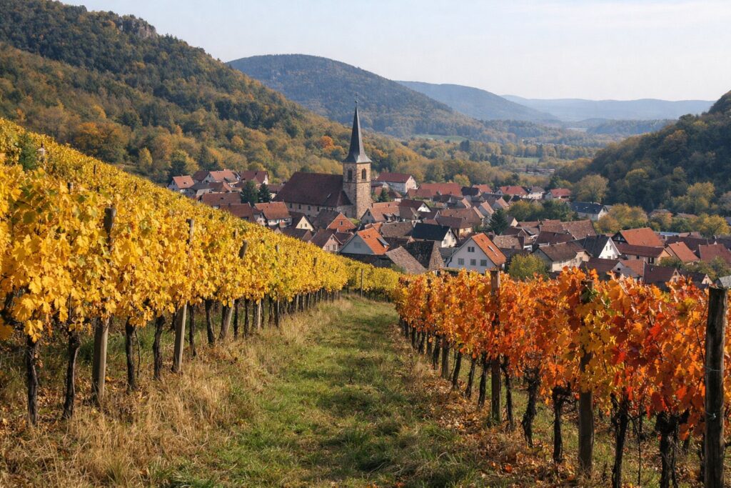 Weinberghang mit herbstlich gefärbten Rebzeilen über einem kleinen Weinort