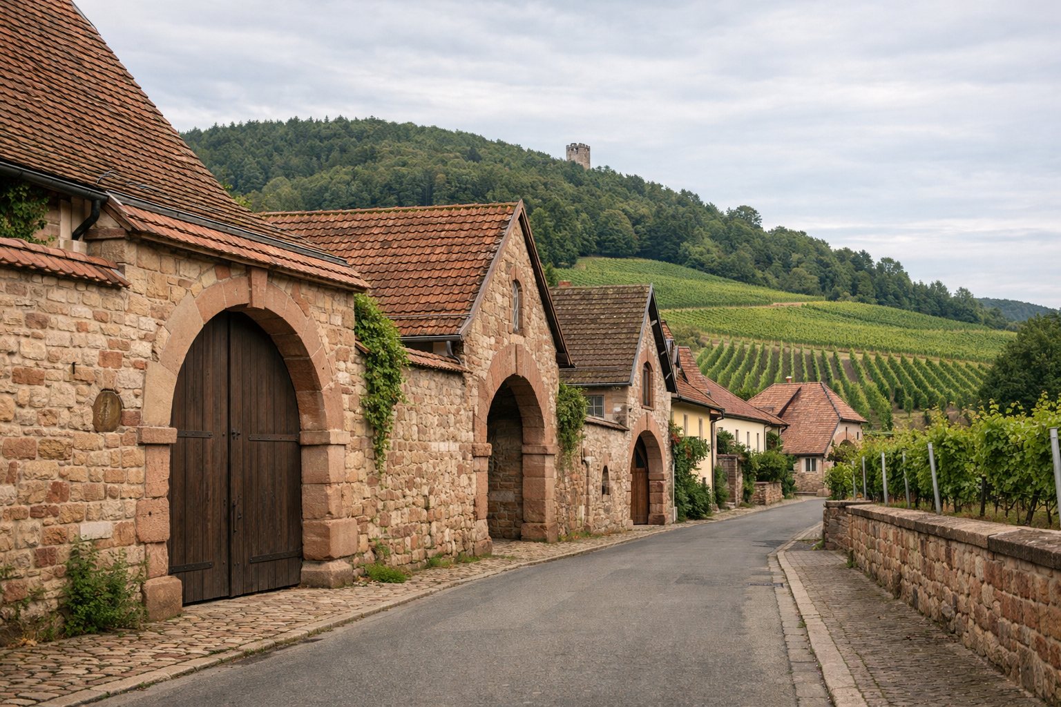 Winzerhöfe mit Torbögen aus Sandstein an einer Dorfstraße, dahinter Weinberge