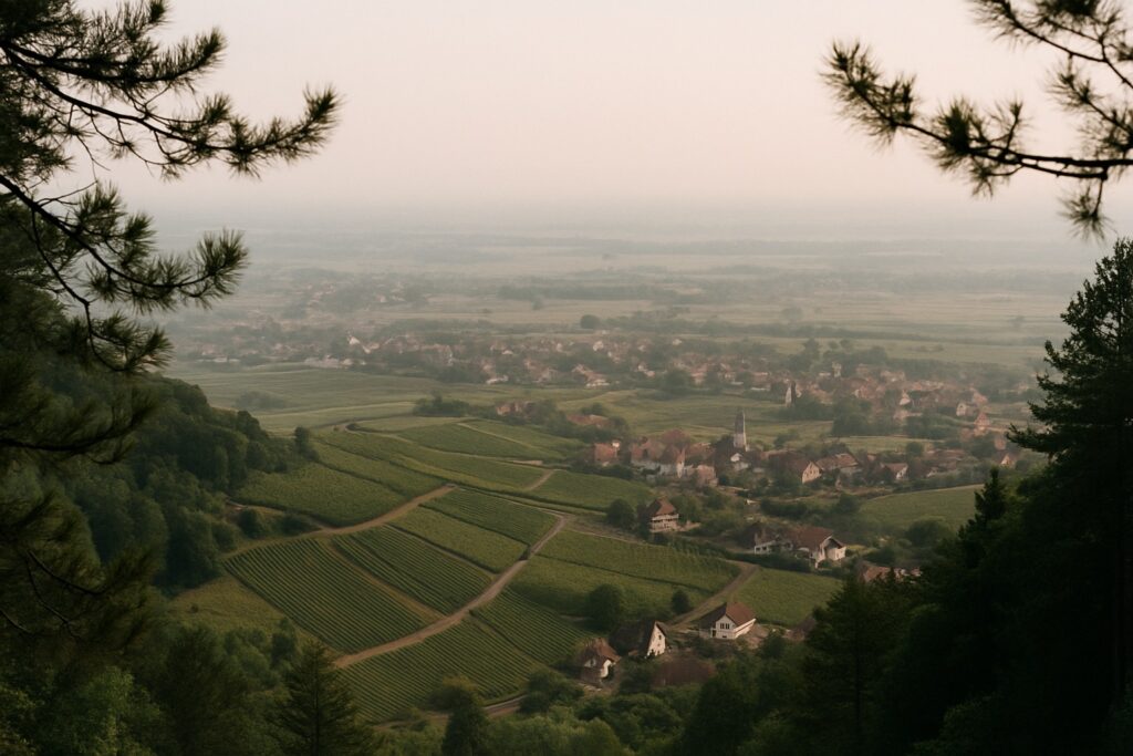 Blick von einem bewaldeten Gipfel über Weinberge und Dörfer in die Rheinebene am Morgen