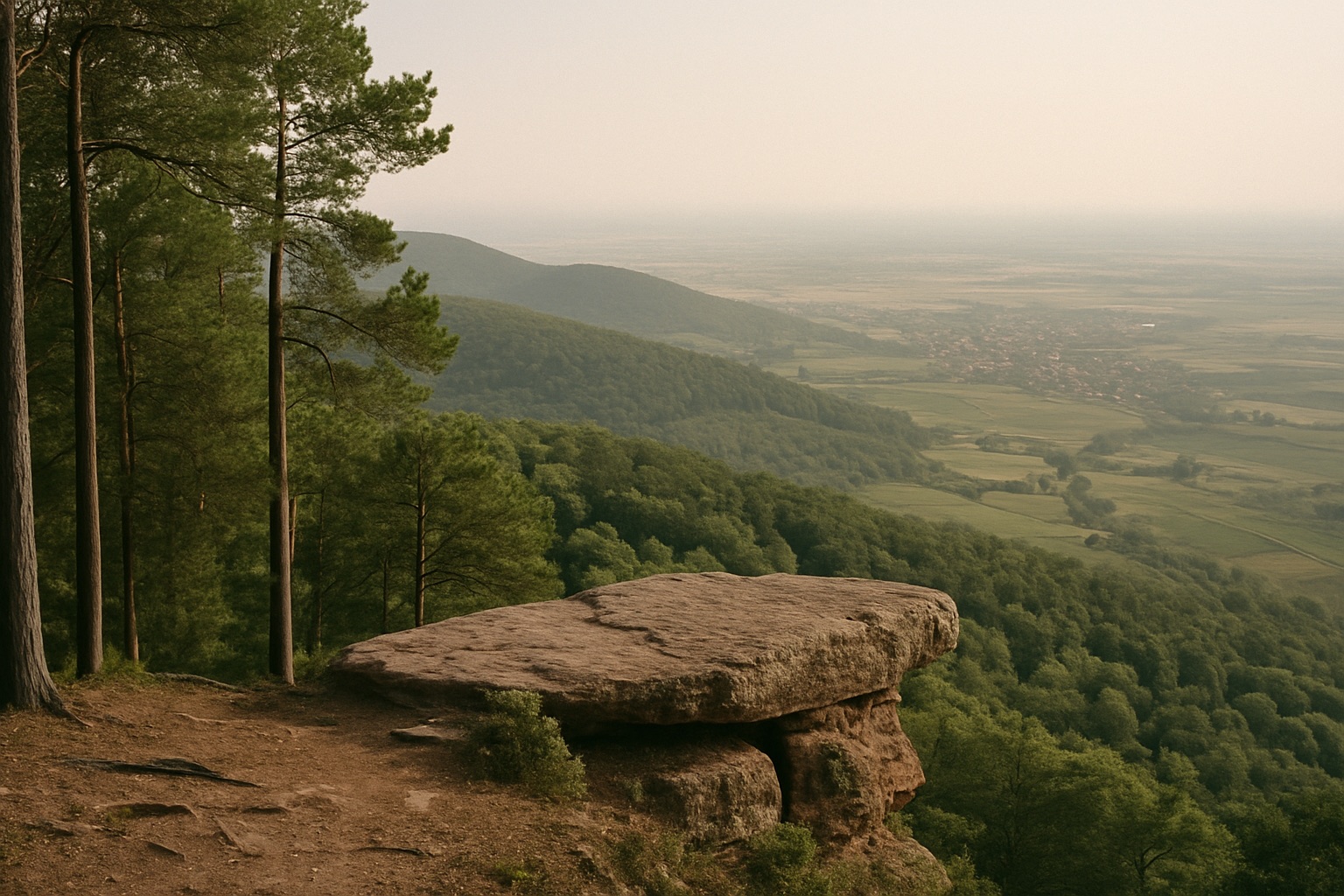 Sandsteinfels als Aussichtspunkt am Rand einer bewaldeten Kuppe, Blick über Wald und Felder in die dunstige Rheinebene