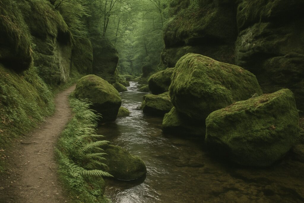 Waldbach zwischen bemoosten Felsblöcken, ein schmaler Pfad am Ufer, Farne im grünen Licht