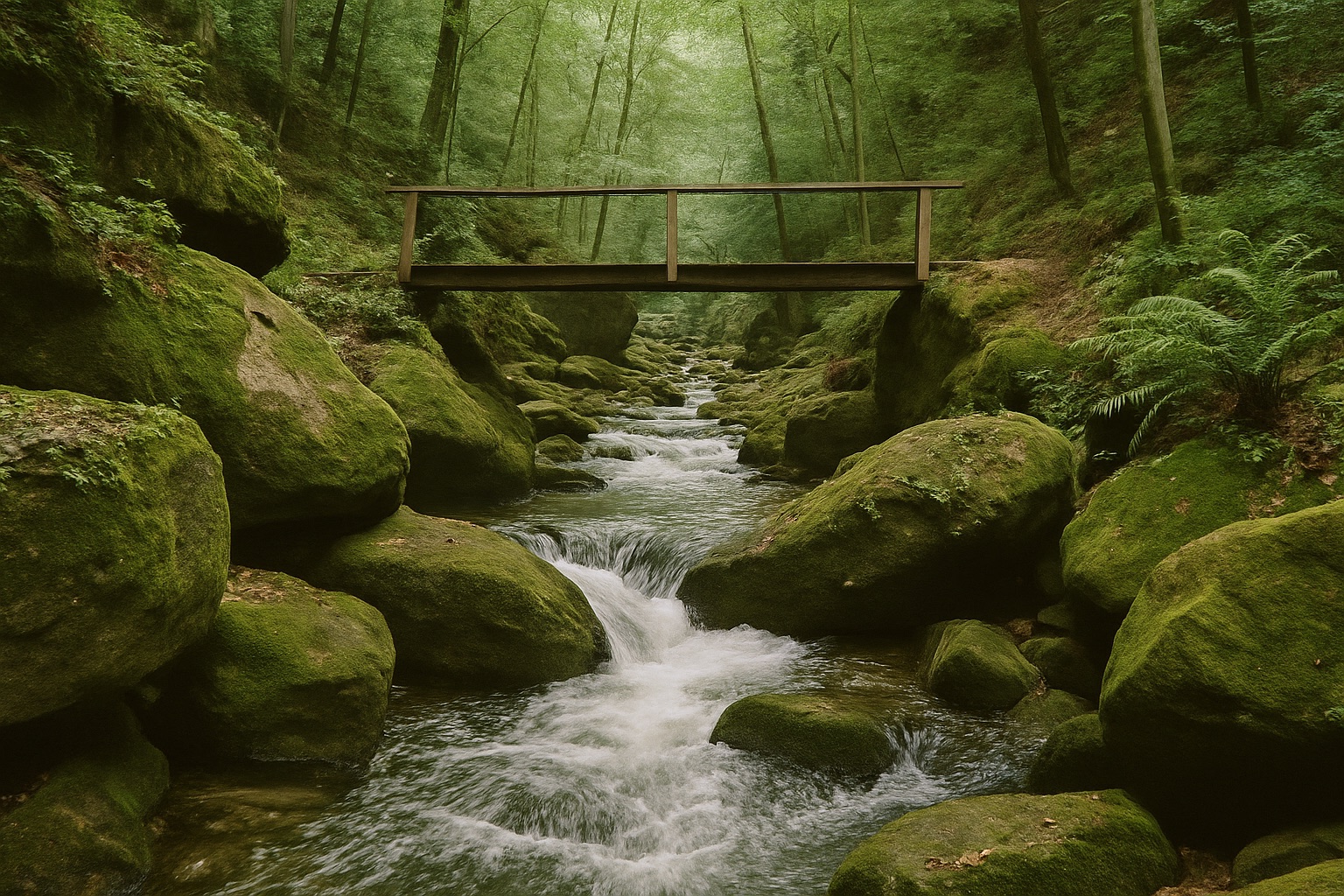 Klarer Bach zwischen bemoosten Sandsteinblöcken in einer engen Waldschlucht mit schmalem Holzsteg