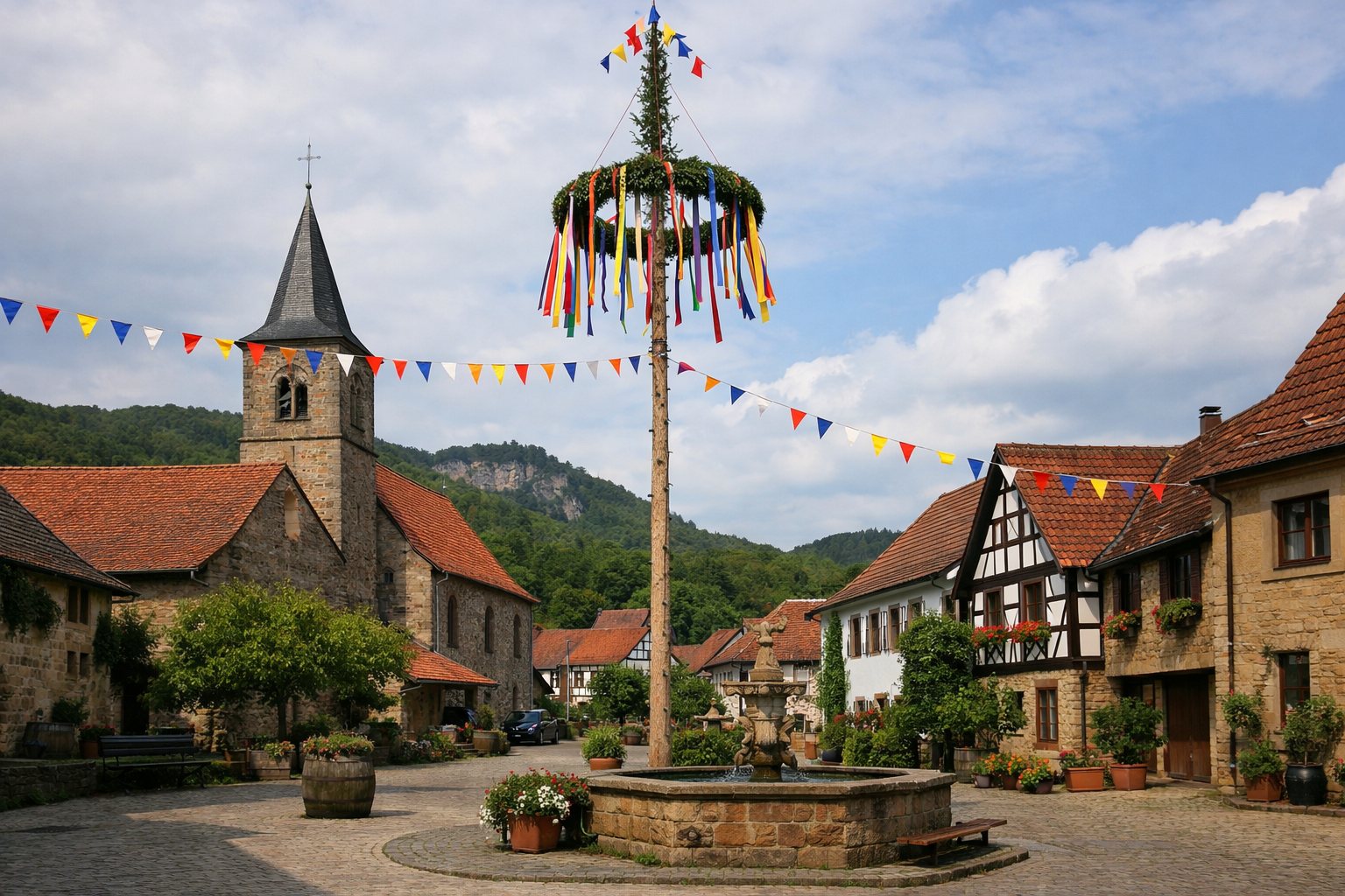 Dorfplatz mit geschmücktem Kerwebaum, Bändern und Fähnchen