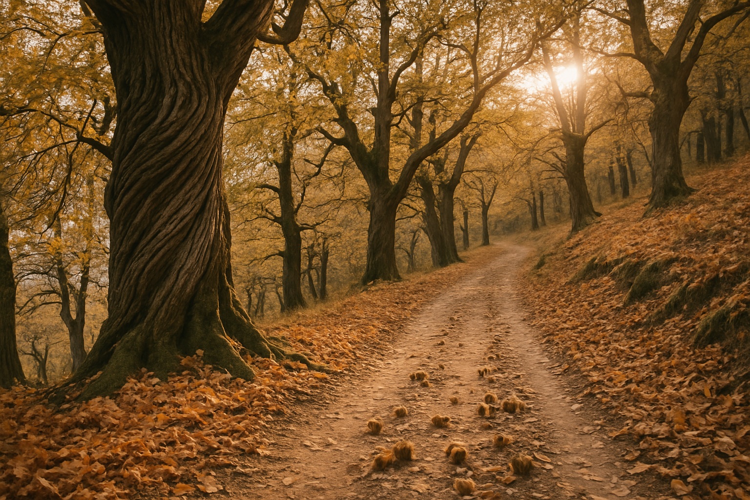 Alte Esskastanien mit gedrehter Rinde, Herbstlaub und Fruchthüllen auf einem Waldweg im Gegenlicht