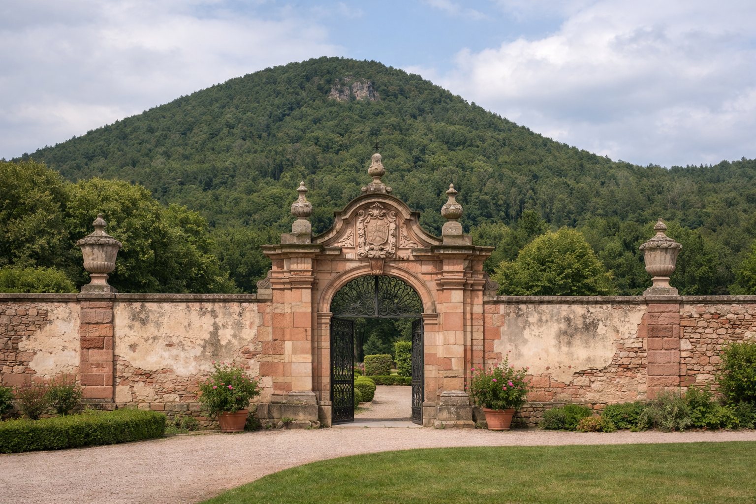 Barocke Schlossgartenmauer mit Tor, dahinter ein breiter bewaldeter Berg