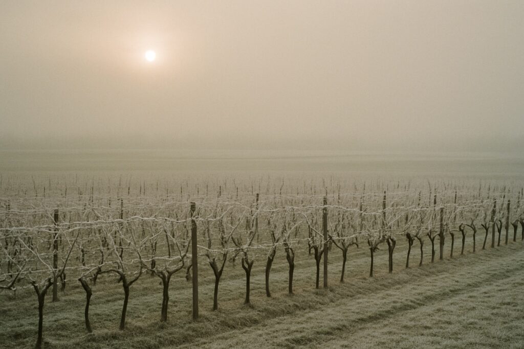 Reben mit weißem Raureif in der Ebene an einem Wintermorgen mit Nebel