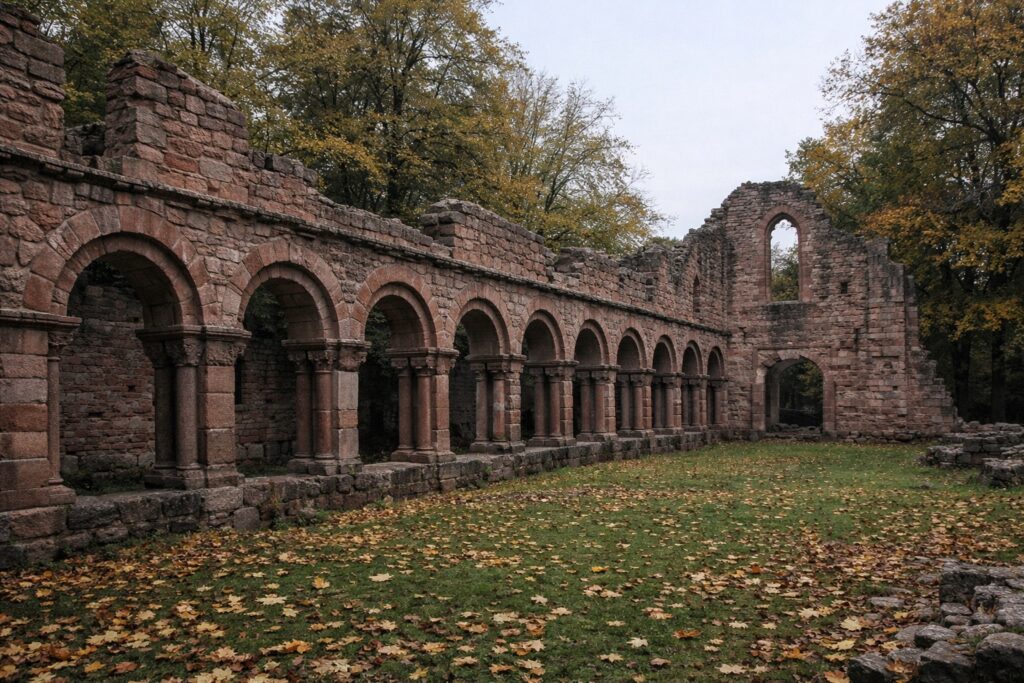 Rundbogenarkaden einer Klosterruine aus rotem Sandstein auf einer Wiese mit Herbstlaub